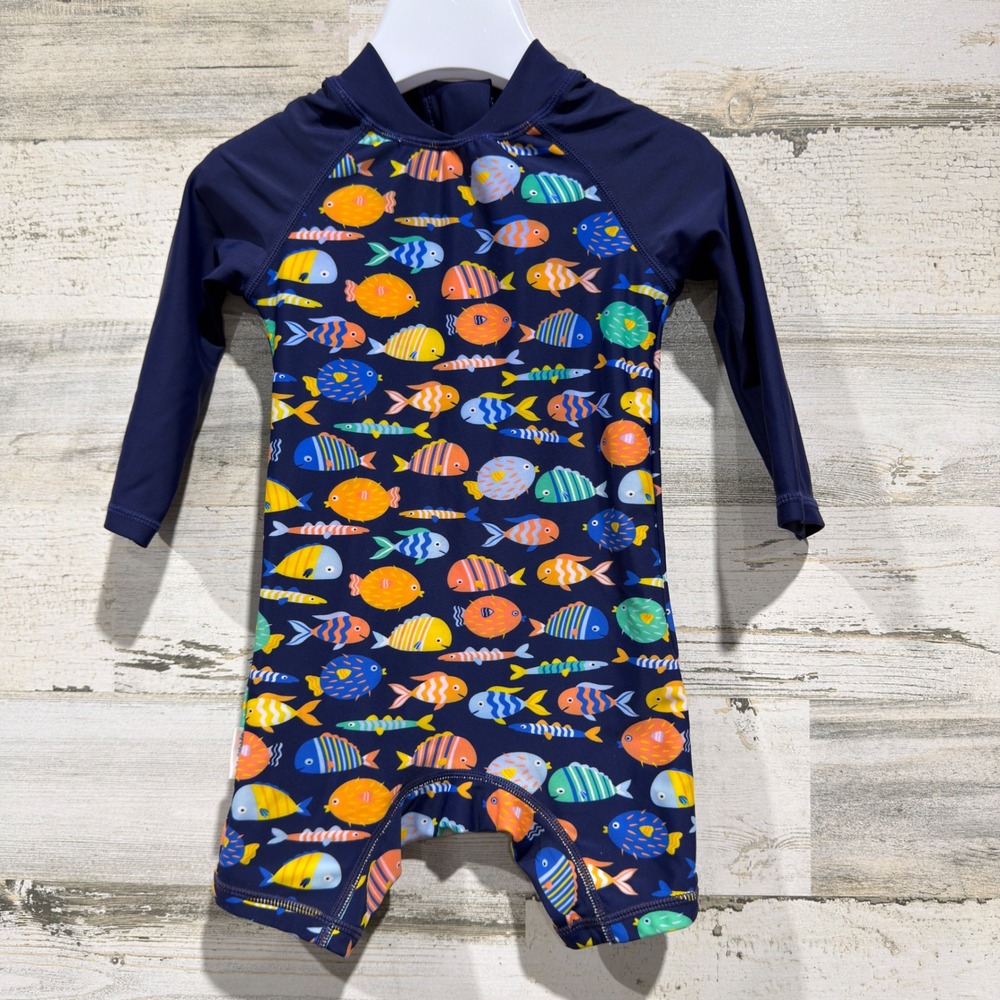 UpAndFast Rash Guard Swimsuit Baby Boys 6-9M Navy Blue Fish Print Coastal EUC